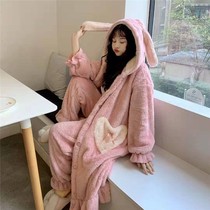 Autumn and winter New plus velvet thick long sleeve cardigan nightgown girl Korean cute rabbit ear hooded bathrobe warm tide