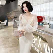 White small evening dress female 2021 new high end banquet temperament socialite long high texture fishtail dress