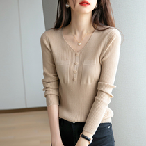 Khaki knit shirt top women autumn and winter 2021 New V collar with foreign style long sleeve wool base shirt