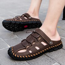 Baotou Sandals Mens Tide Genuine Leather Summer New Outwear Dongle Beach Shoes Soft Bottom Non-slip Dual-use Men Cool Slippers