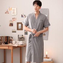 Sleeping Robe Mens Summer Pure Cotton Short Sleeves Mid Length Sleepwear Mens Summer All-cotton Bathrobe Fashion Personality Trendy Personality Trendy Home Clothing