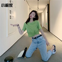 Avocado green short-sleeved open umbilical kink design sense T-shirt womens 2019 summer new loose short solid-color top