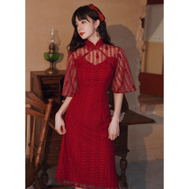 Toast suit Bride summer wine red cheongsam back door engagement dress Wedding dress can usually be worn small