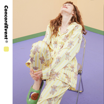 (Recommended) CONCORDEVENT bear full print stripe pajamas female two-piece set home clothes thin couples