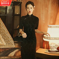 Black old Shanghai cheongsam 2021 new summer retro modified girl young long dress Daily