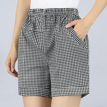 Mom summer shorts wear middle-aged womens clothing middle-aged summer cotton and hemp plaid loose straight casual five-point pants