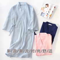 Day-style sleepwear lovers thin summer pure cotton crepe cloth spring autumn female sleeping dress Male cardiovert big code mid-bath sweaty sweaty