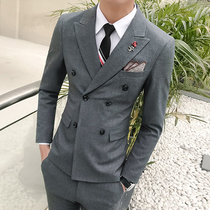 Spring and Autumn Double Breasted Suit Set Mens Slim Korean Fashion Stylist Casual Suit Wedding Groom Dress