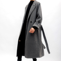 Anti-season full wool double-sided coat womens long over-the-knee loose profile gray suit cashmere winter coat