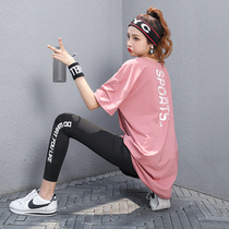 Running sportswear suit womens summer fitness suit long new large size fat mm loose quick-drying short-sleeved yoga suit