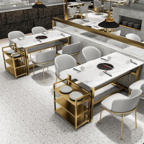 Marble hot pot table and chair combination Hot pot shop hole-opening barbecue table Restaurant commercial barbecue shop induction cooker integrated