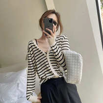 Striped sunscreen knitted cardigan womens autumn 2021 new loose top long-sleeved jacket V-neck shirt