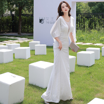 White evening dress celebrity fairy Noble host banquet annual meeting v collar long fish tail skirt air field Queen high end