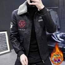 Winter new leather jacket for men with plush and thickened lamb fur collar PU leather jacket for small scooter