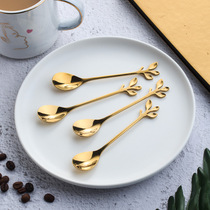 New creative stainless steel mixing spoon Environmental protection stainless steel leaf spoon leaf spoon golden stainless steel dessert spoon