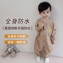 Conjoined hood mens baby waterproof eating cover cotton clothes infant anti-dirty girl climbing and climbing clothes open stall One year old autumn and winter
