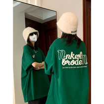 American vintage retro to ink green letter short sleeve t-shirt female loose design feeling small crowdsourced wind chic blouse summer