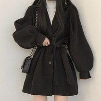 2021 New Hepburn style black little man waist short temperament woolen jacket autumn and winter double-sided coat