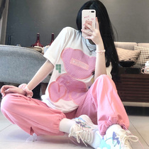 Sports Suit Womens Summer Teen Girl Sensation Sweetness Air Thin Tide Cards Big Bear Printed Short Sleeve bunches and pants Two sets