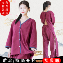 Moxibustion suit Cotton front and back cardigan long sleeve open back acupuncture physiotherapy scraping foot therapy sweat steam beauty massage suit guests