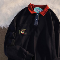 American retro vintage college style polo shirt niche design sense lapel long sleeve T-shirt loose sweater jacket