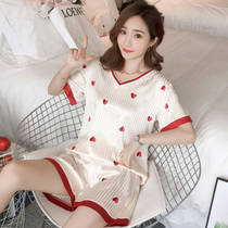 Ice Silk Sleepwear Womens Summer Short Sleeves Two Suits Emulated Silk Sexy Summer Korean Edition Cute Home Wear Thin