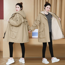 Pregnant womens autumn and winter clothes New hooded cardigan cotton jacket trench coat womens long winter plus velvet cotton jacket