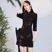 Cheongsam 2021 new modified retro national tide young autumn winter mid-sleeve black little dress short