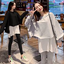 Maternity spring suit fashion 2020 new irregular net red two-piece set of medium and long tops spring and autumn
