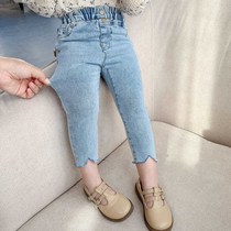 2021 female childrens clothing New buckle Korean version of childrens jeans baby foreign-style children spring and autumn trousers tide