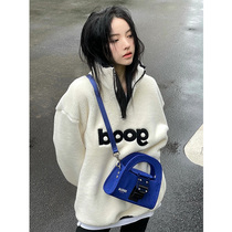 Autumn and winter New American age reduction Joker letter lamb velvet sweater long casual womens high neck top 2021
