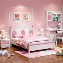 Modern simple pink solid wood children bed girl princess bed 1 5 meters girl single bed solid wood bed storage bed