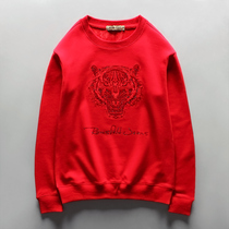 Mens American velvet sweater winter hot diamond embroidery tiger head Tide brand hingless spirit guys life red