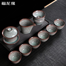 Longquan Celadon tea set Cover bowl Kung Fu tea set Home office ice crack tea tea set Tea cup high-grade
