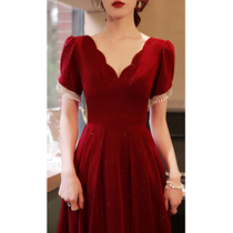 Toast dress bride 2021 new female summer wine red V-neck wedding engagement back door dress dress medium-long