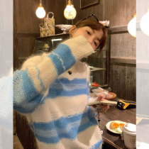  Large size design sense niche mohair sweater jacket womens autumn loose V-neck contrast striped thin knitted cardigan