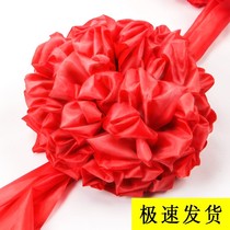 Wedding ceremony Hydrangea big red flower ball ancient costume hand holding flower cross red silk cloth groom glorious Chinese wedding props