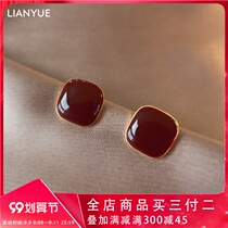 925 sterling silver earrings senior wine red stud earrings female summer 2021 New Tide square earrings niche earrings