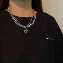  European and American stainless steel chain necklace W letter stacked clavicle chain personality hip-hop wild titanium steel short necklace female