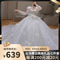 Wedding dress 2021 new temperament bride trailing Mori super fairy dream starry sky small one-shoulder long-sleeved summer