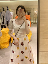 White dress female summer retro forest pure cotton embroidery flower temperament waist thin bubble sleeves first love long skirt female