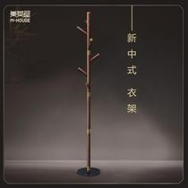 New Chinese style hanger Copper wood coat rack Marble base solid wood floor master net red hanger