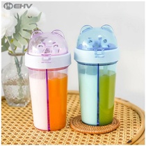 Outdoor sports Cute cartoon animal double drinking cup with straw Korean portable water cup Male and female student couple cup