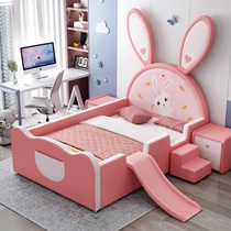 Childrens bed girl princess bed Dream Castle cartoon rabbit bed 1 5 meters with slide fence splicing bed net red