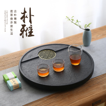Natural black gold stone tea tray Household modern simple whole stone round small tea table Dry tea sea tray set