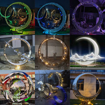 Stainless steel moon sculpture custom Real Estate large outdoor hollow luminous ring creative water landscape white steel ornaments