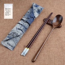 Portable take-out wooden spoon chopsticks storage box set of three household long handle small spoon tableware box set