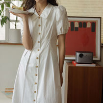 French classic lapel Hepburn style white moonlight dress female 2021 summer new slim slim mid-length skirt