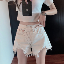 21 summer design sense high waist thin a word white irregular hole burr wide leg hot pants denim shorts womens tide