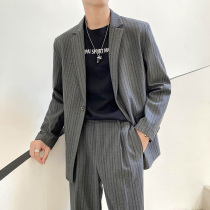 2021 autumn and winter mens suit two-piece Korean version of loose casual high-definition light luxury groom suit fried street explosion